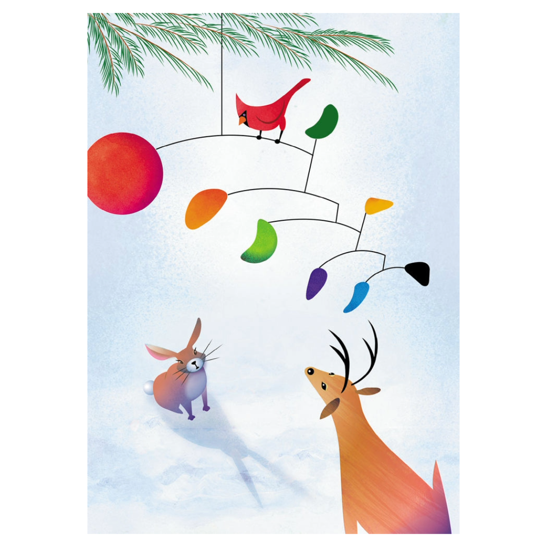 A whimsical art print featuring a red cardinal perched on a mobile, a red sun, a rabbit, and a deer in a snowy winter scene. The background is a soft light blue with a watercolor texture, and pine branches hang at the top.