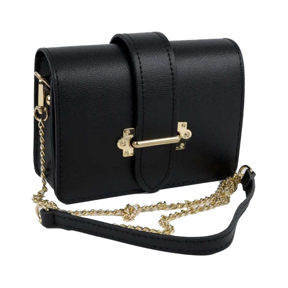 Black handbag with gold chain strap on a white background