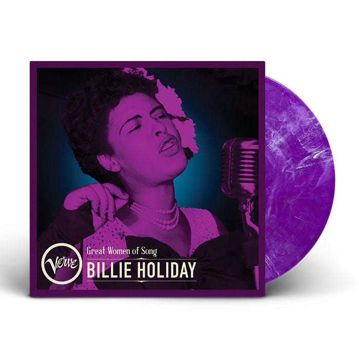 A purple vinyl record with a picture of Billie Holiday singing into a microphone. The text on the record reads 'Great Women of Song - BILLIE HOLIDAY'.