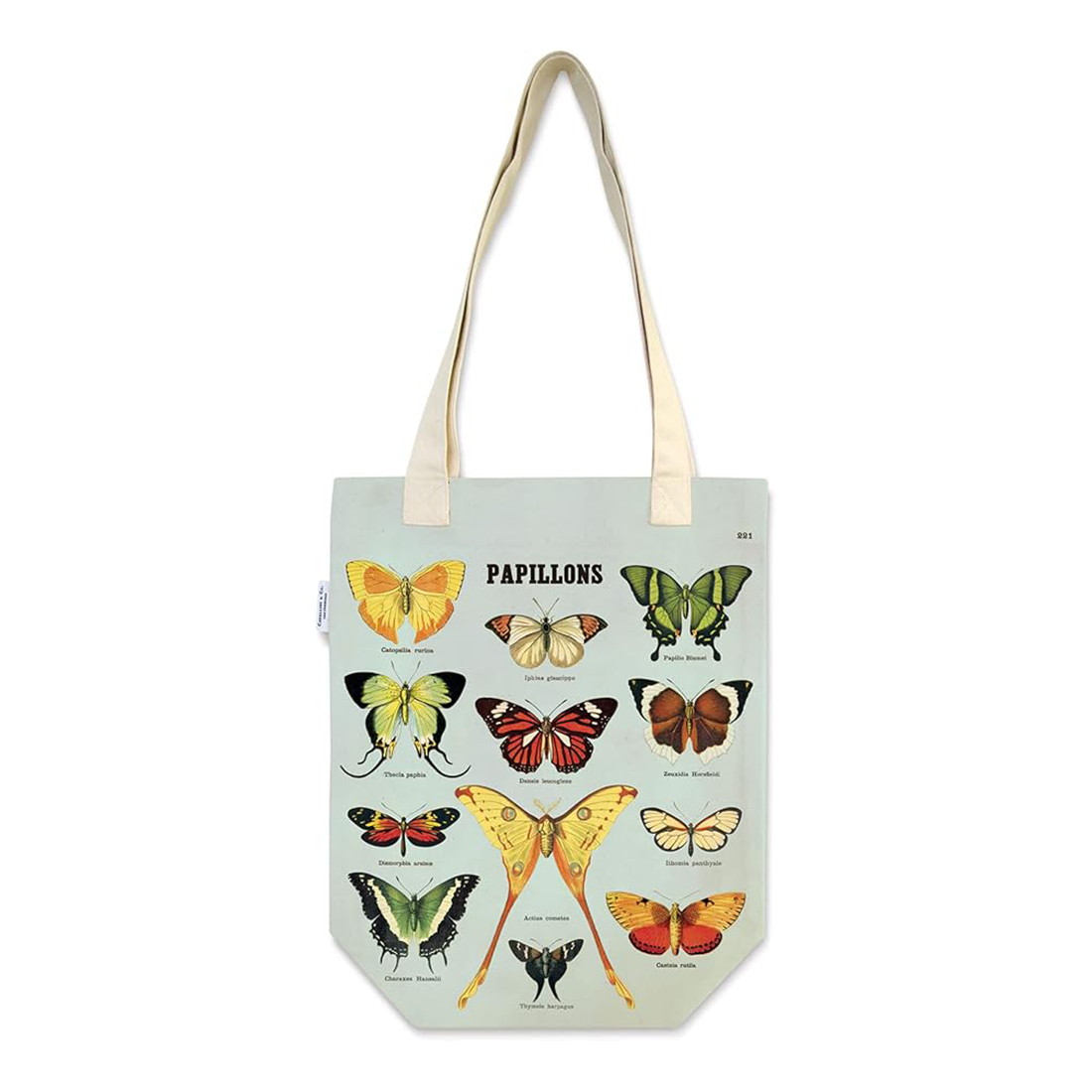 Tote bag with illustrations of butterflies on a light green background
