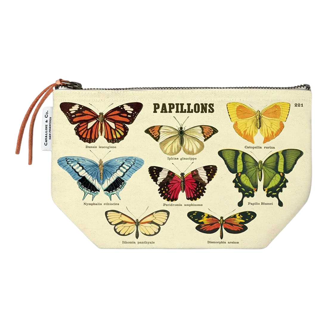Pouch with butterfly illustrations and the word 'Papillons' on a beige background