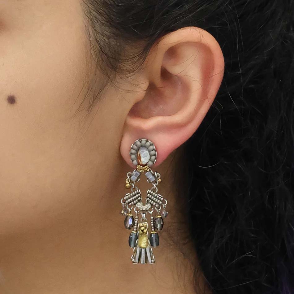 Chandelier earrings with intricate design on a white background