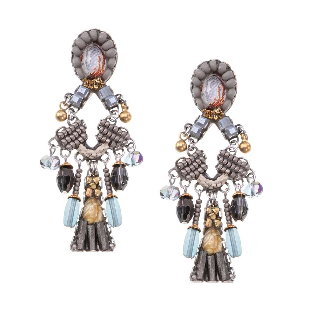 Chandelier earrings with intricate design on a white background