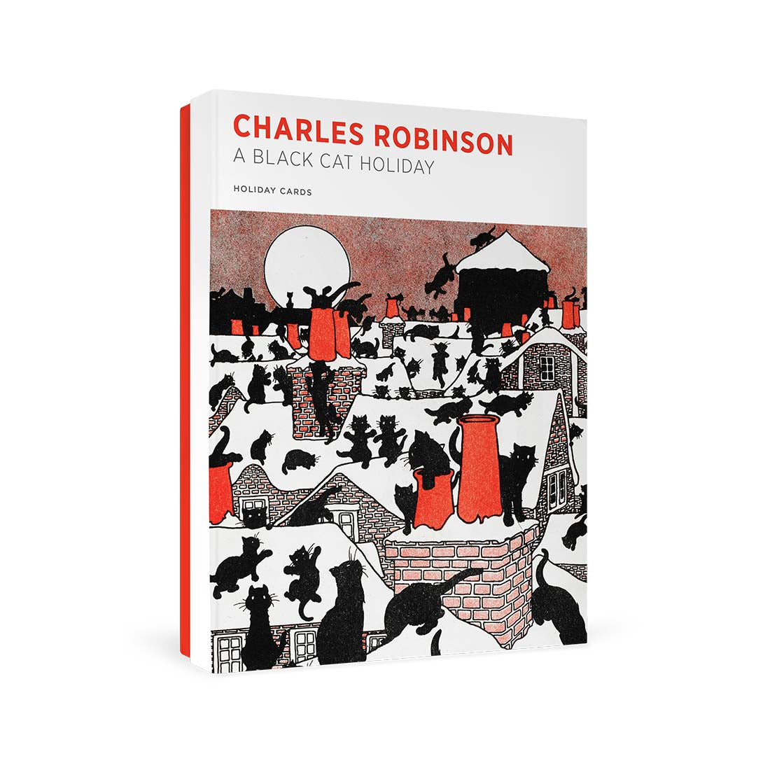 A boxed set of holiday cards featuring an illustration of black cats and a vintage holiday scene on the cover.