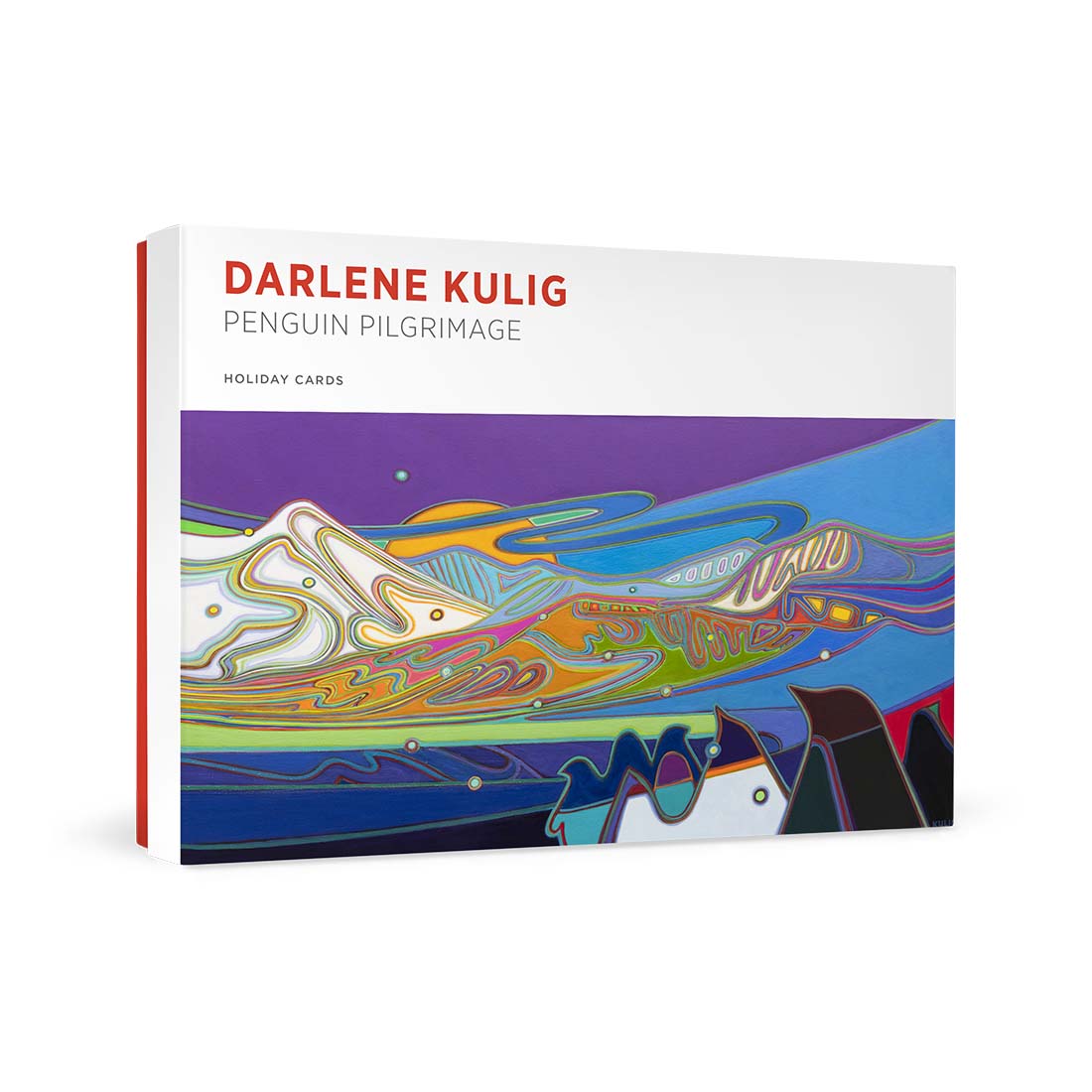 A boxed set of holiday cards featuring abstract artwork with predominantly purple, white, and yellow colors on the cover.