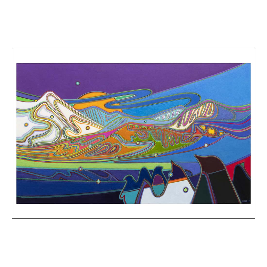 A boxed set of holiday cards featuring abstract artwork with predominantly purple, white, and yellow colors on the cover.