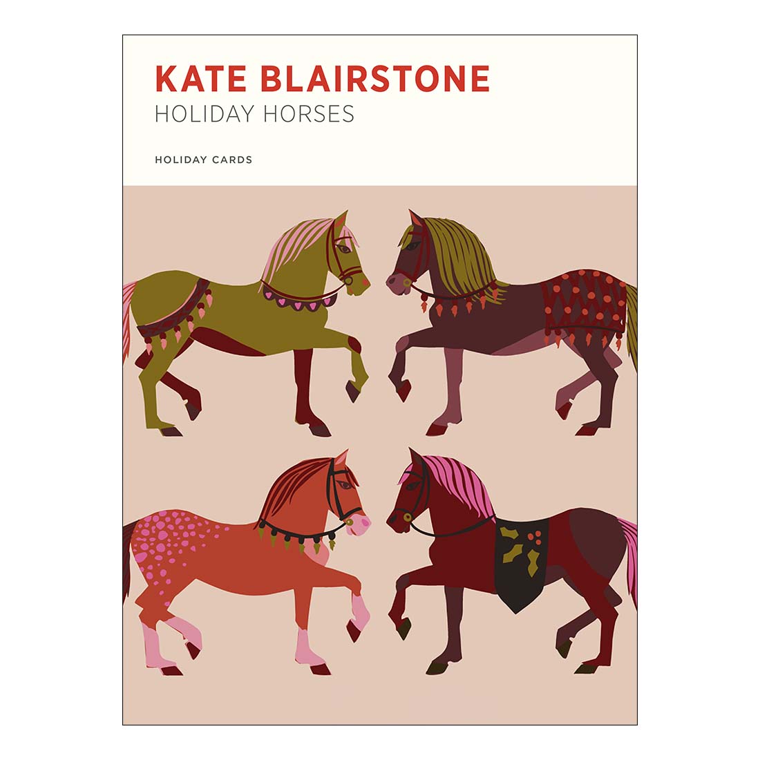 Book cover of 'Holiday Horses' by Kate Blairstone with illustrations of horses on a beige background.