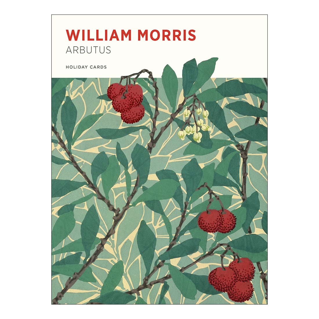 Book cover with William Morris design featuring red berries and green leaves on a white background