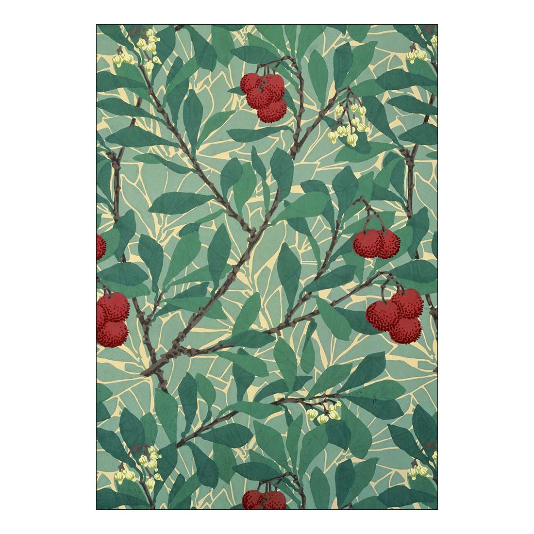 Book cover with William Morris design featuring red berries and green leaves on a white background