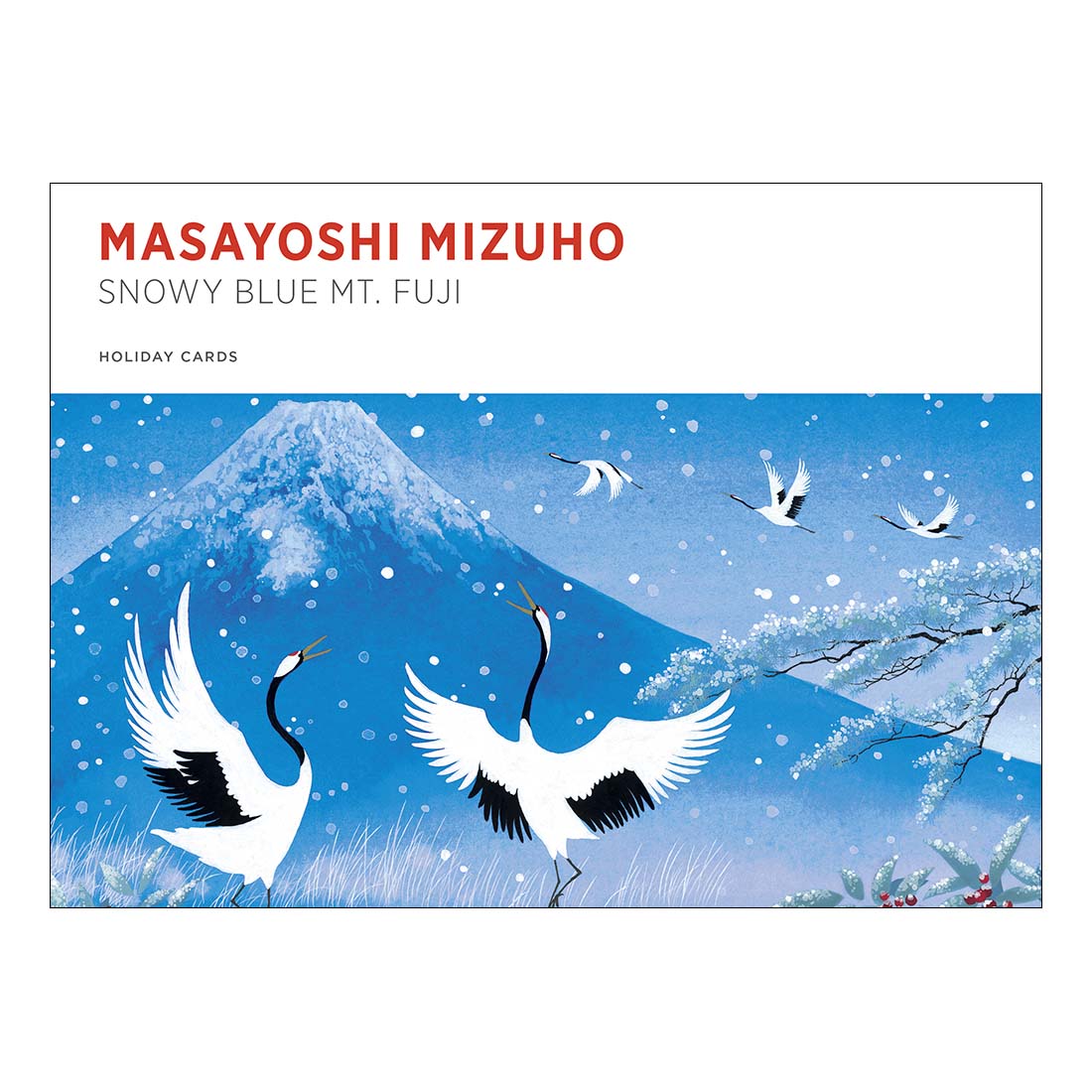 Card with cranes and Mount Fuji in the snow, featuring the artist Masayoshi Mizuho.