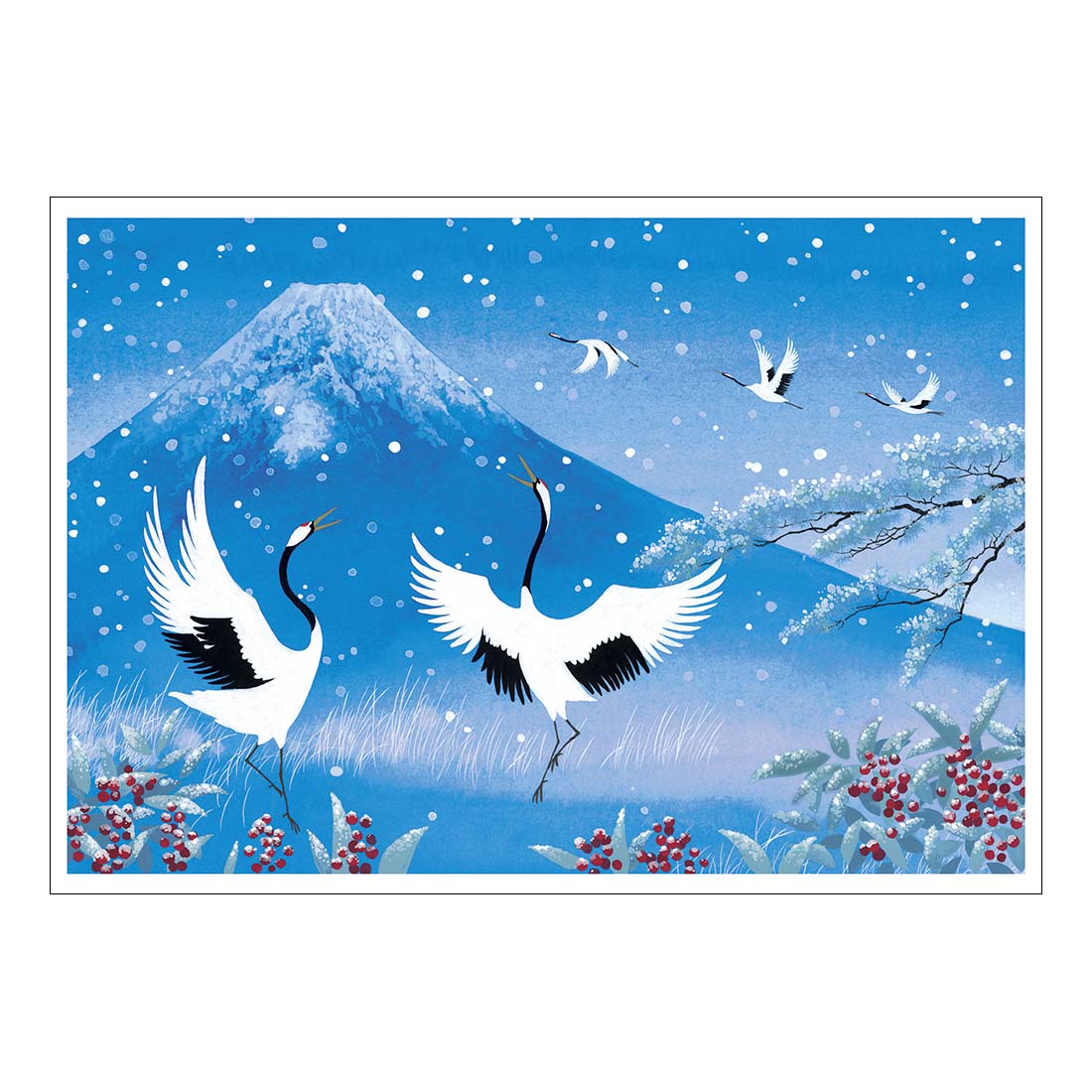 Card with cranes and Mount Fuji in the snow, featuring the artist Masayoshi Mizuho.