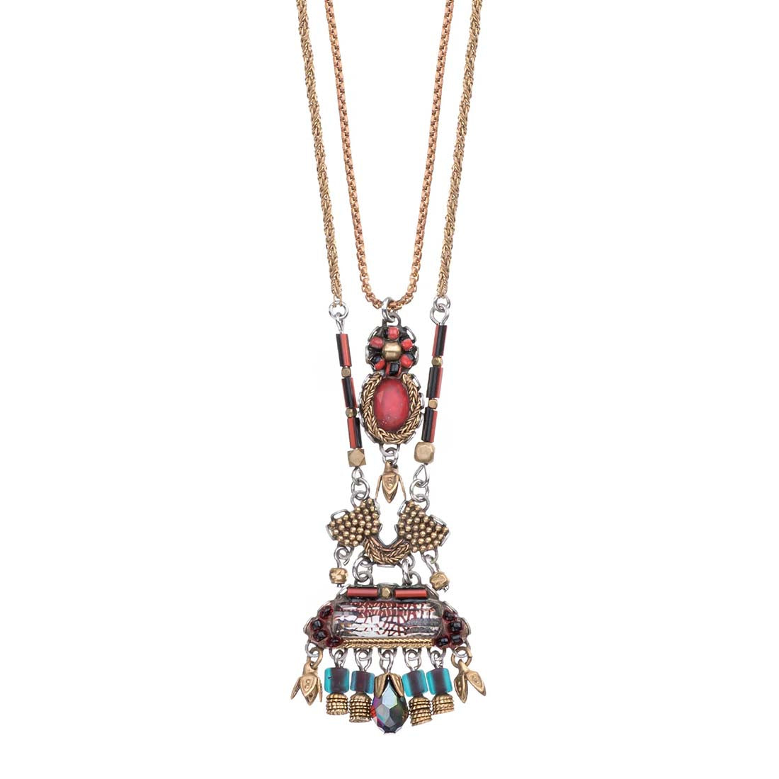 Decorative necklace with colorful pendants on a white background