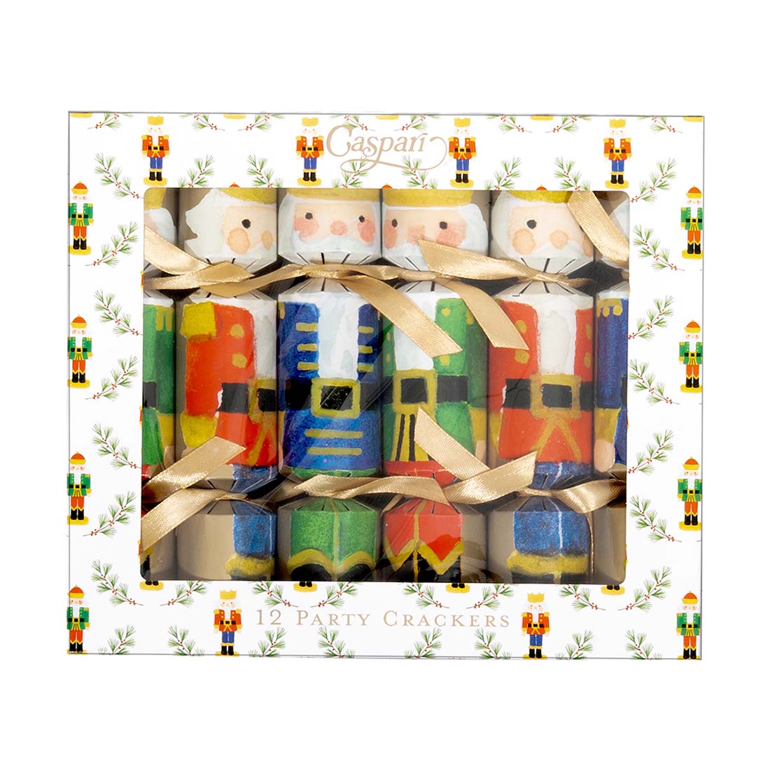 Box of Caspari Christmas party crackers with colorful designs and a decorative ribbon.