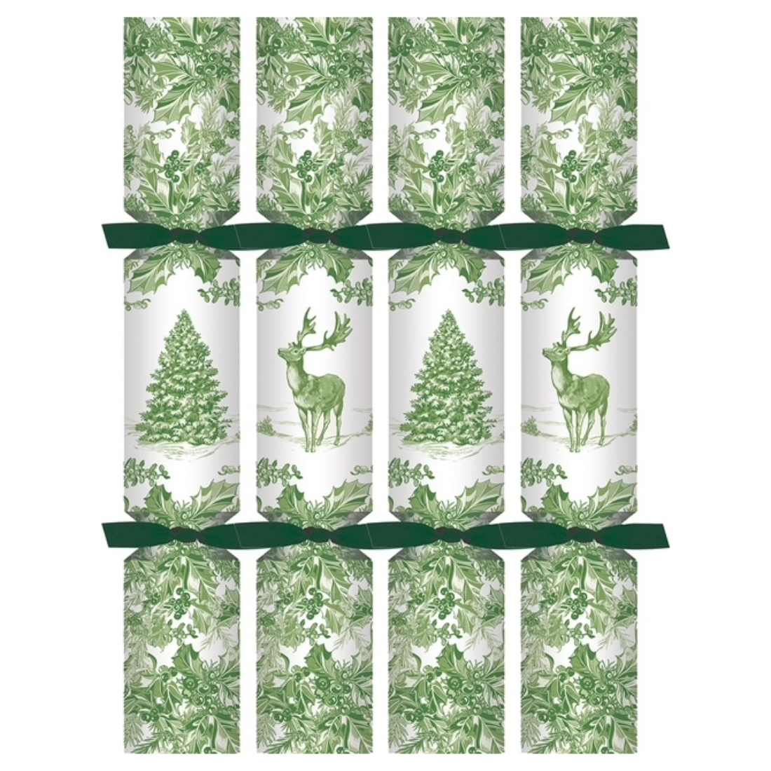 A set of six Christmas cracker packs arranged in a 3-by-2 grid on a plain white background. Each pack features a green and white toile-style pattern with holly leaves, pine trees, deer, and festive bows.