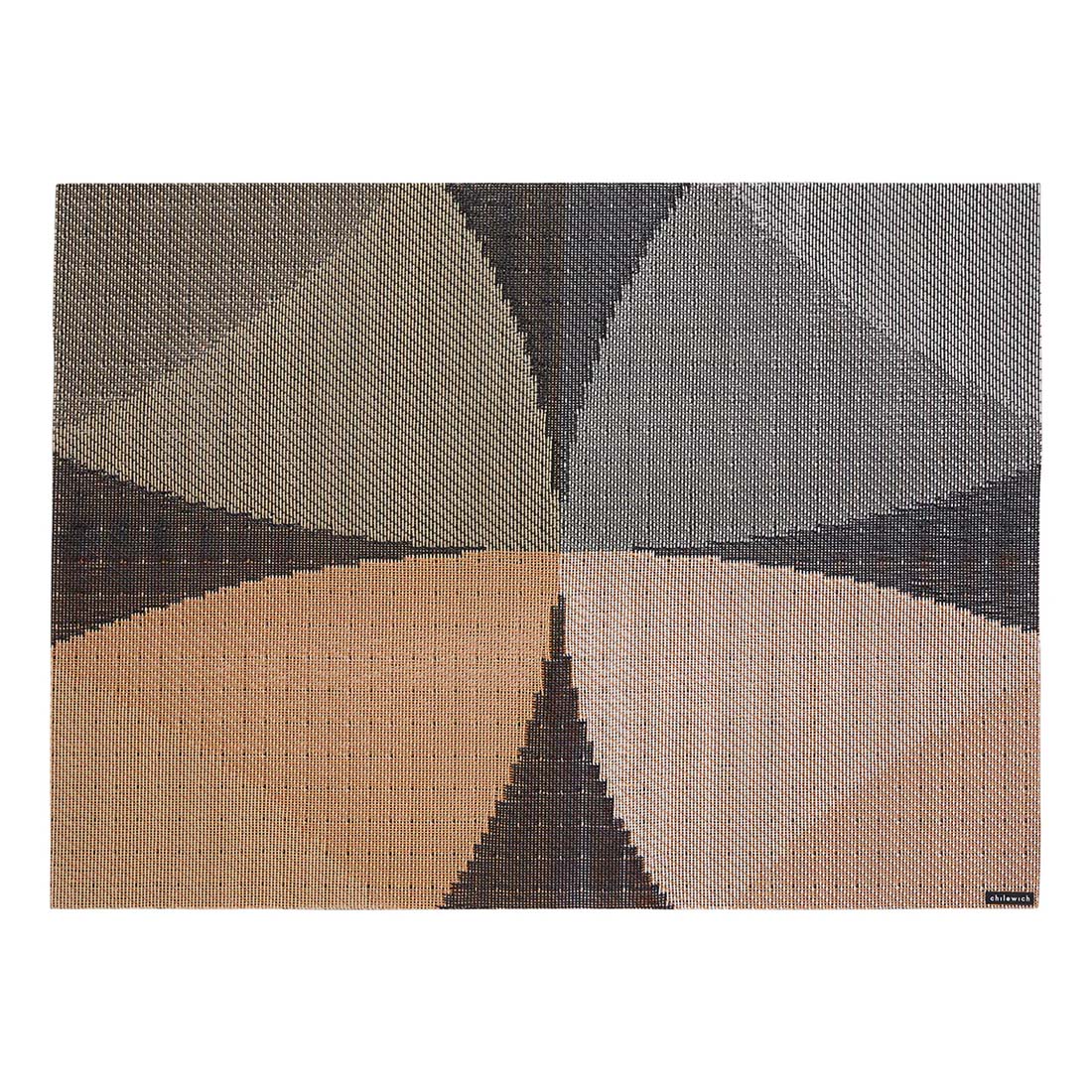 Geometric patterned placemat with brown, black, and beige colors on a white background