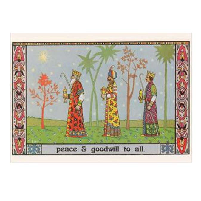 Three kings in colorful robes with trees and 'peace & goodwill to all' text on a decorative border.