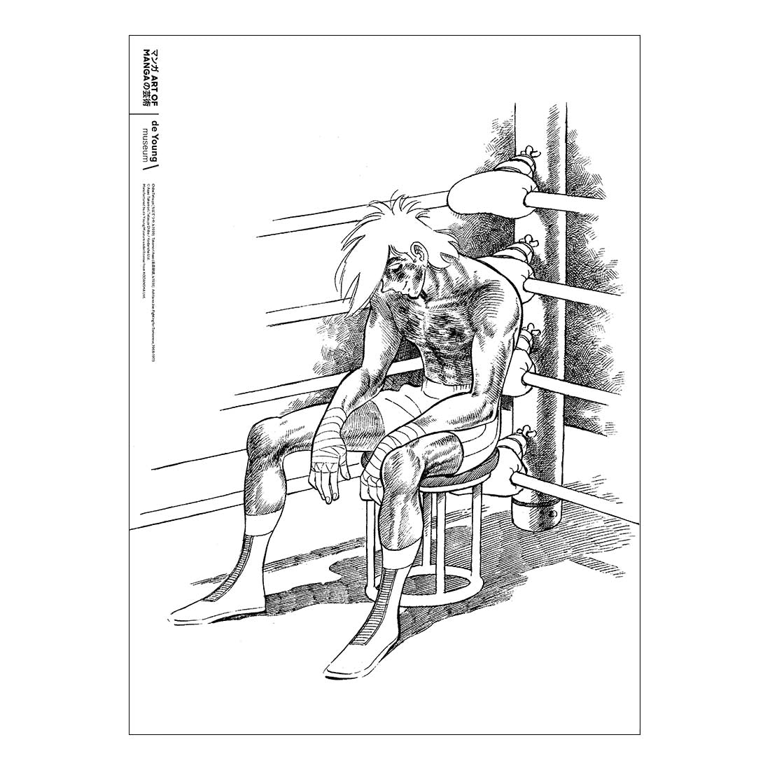 Black and white illustration of a character sitting on a stool in a room with a window.