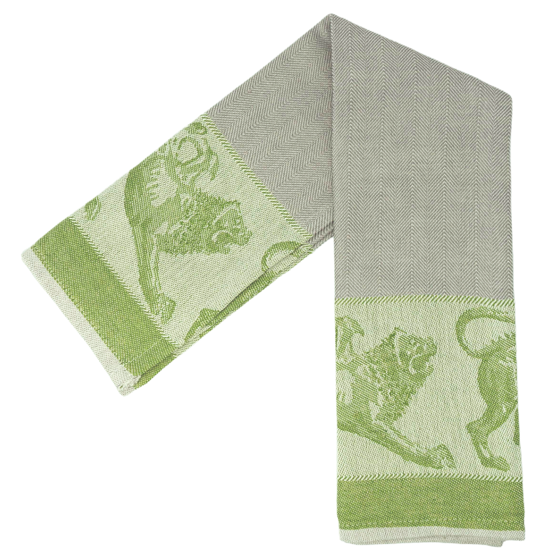 Green and taupe tea towel with lion pattern 