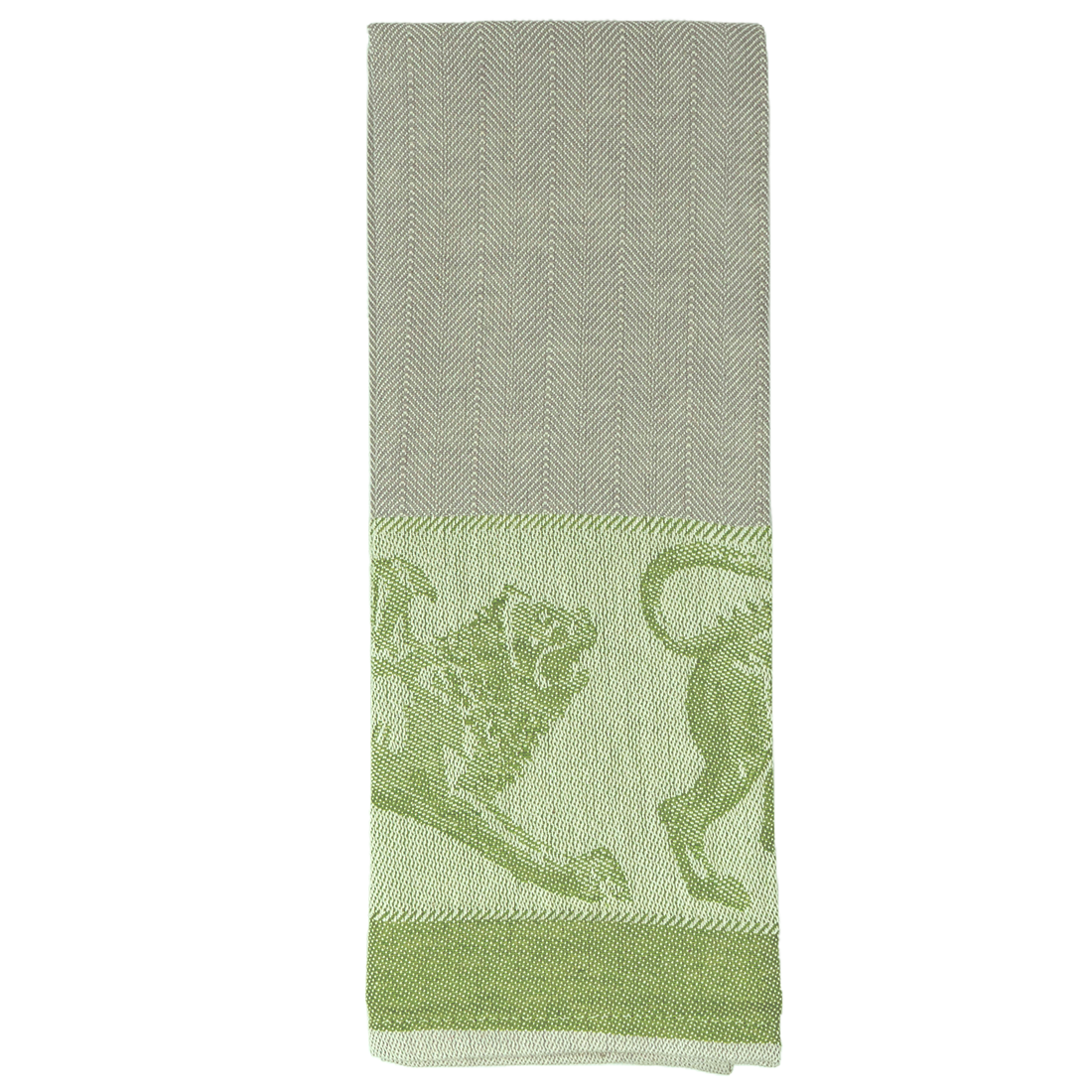 Green and taupe tea towel with lion pattern 