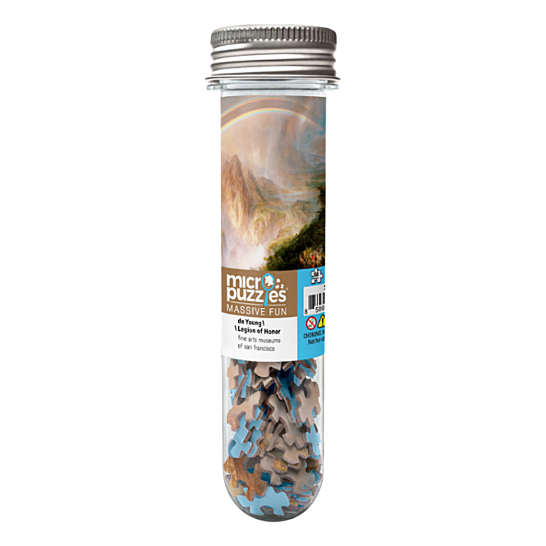 The clear plastic tube shows multicolored puzzle pieces inside, topped with a silver metal screw cap.