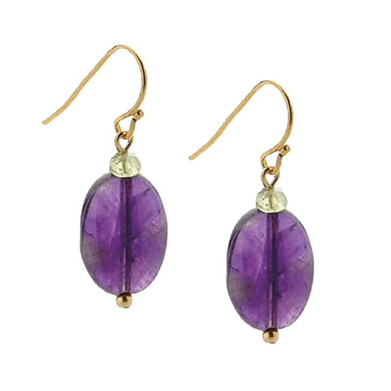 Purple beaded earrings with gold hooks on a white background