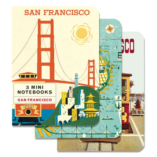 Set of three mini notebooks with San Francisco-themed designs on a white background