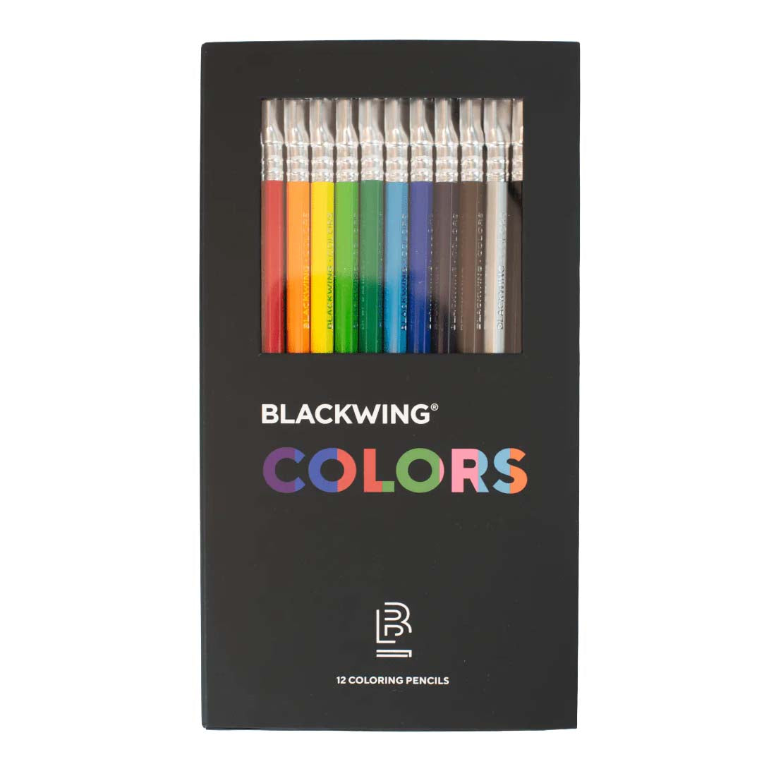 Blackwing Colors coloring pencils set with rainbow-colored pencils in a black box.