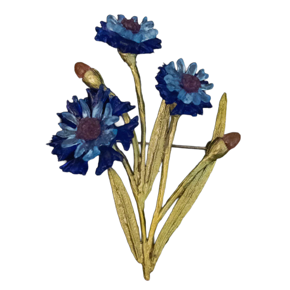 Floral brooch with blue flowers and gold leaves on a white background