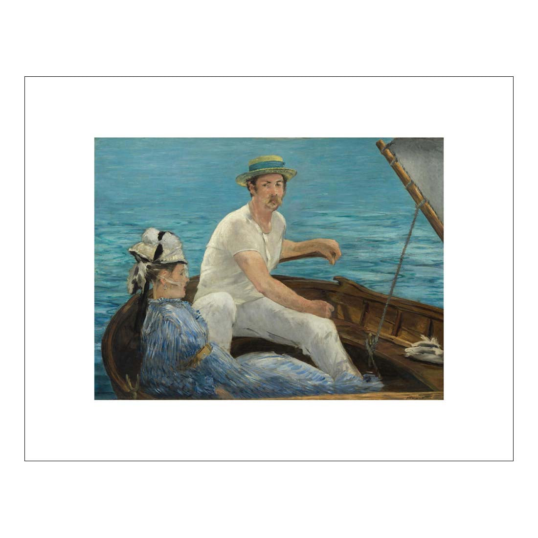 Painting of a man and woman in a boat on water