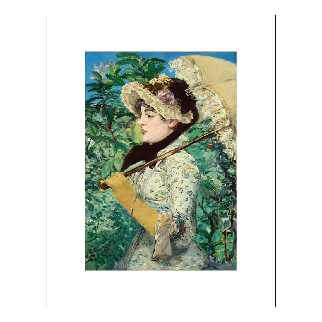 Painting of a woman holding an umbrella among green foliage