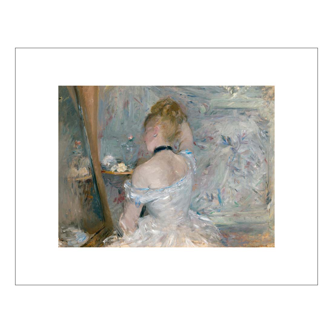 Artistic depiction of a woman in a white dress sitting on a chair.