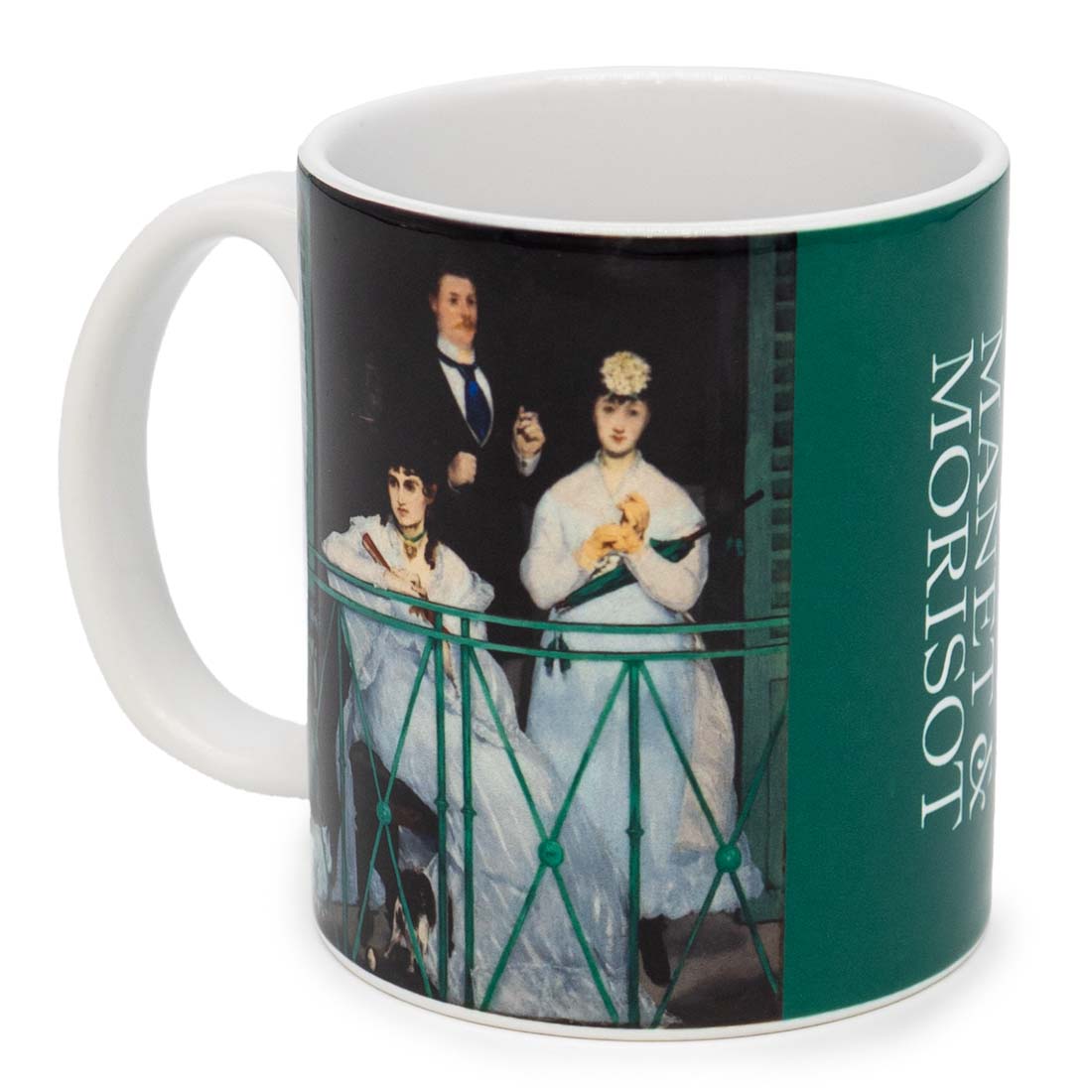 Mug with a design of people on a balcony and the word 'Manet' on a green background