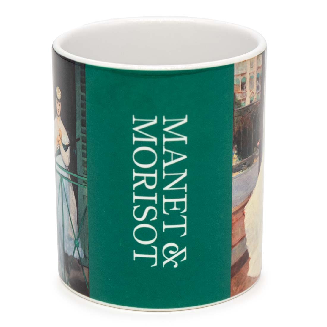 Mug with a design of people on a balcony and the word 'Manet' on a green background