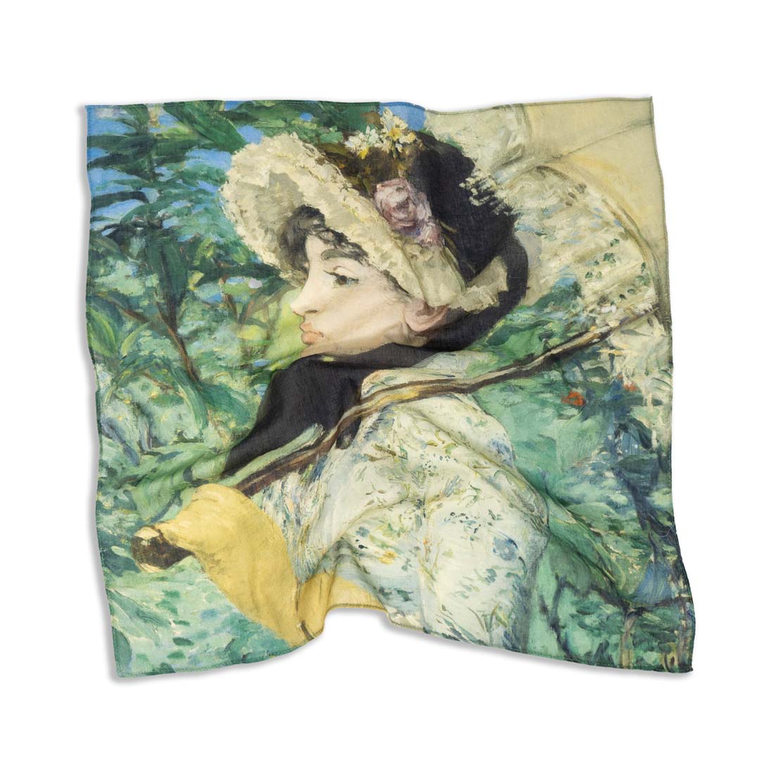 Square scarf with a design of a woman in a garden, inspired by classical art.