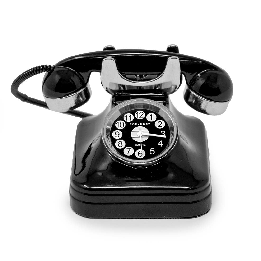 Black vintage-style rotary phone on a white background