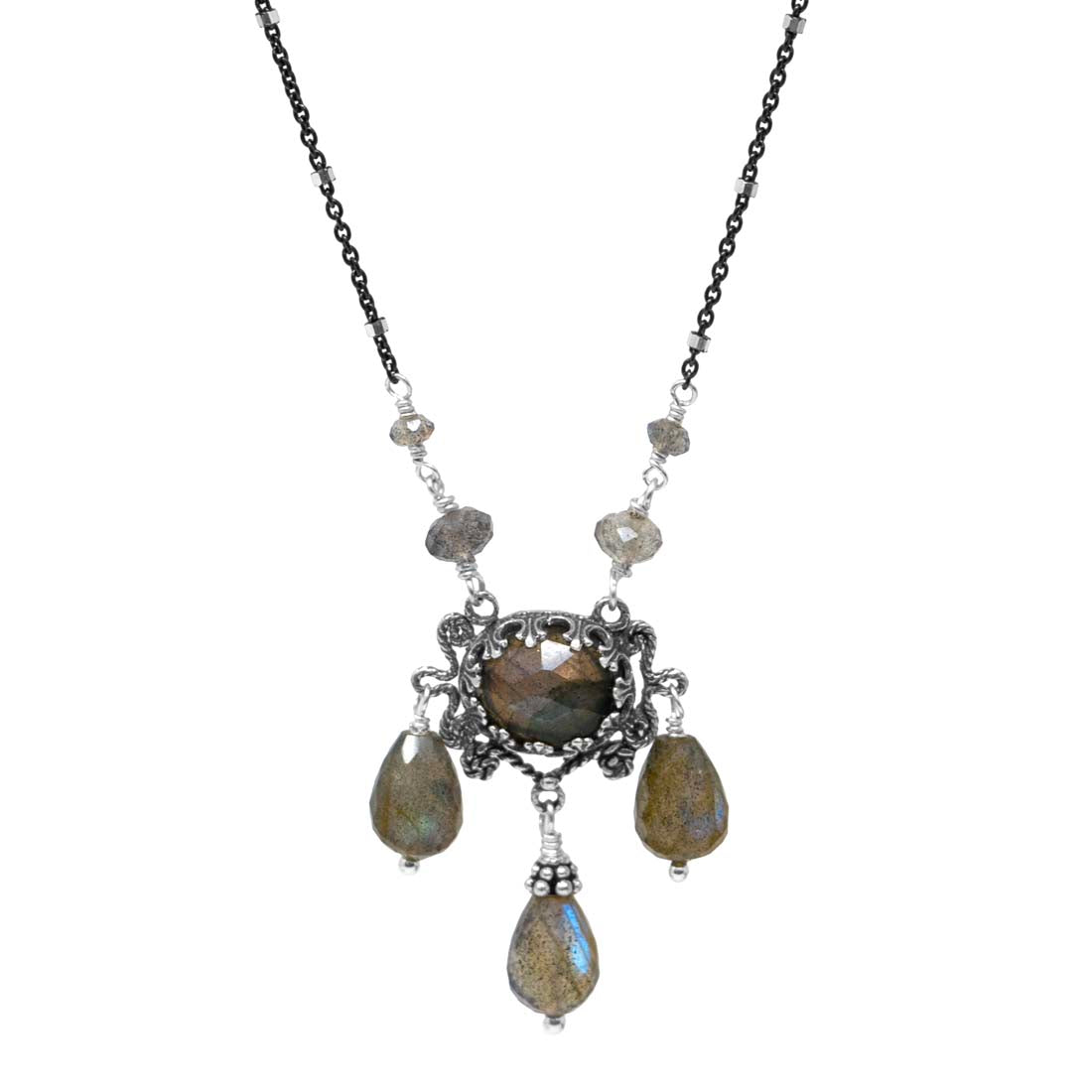 Labradorite Three Drop Silver Necklace