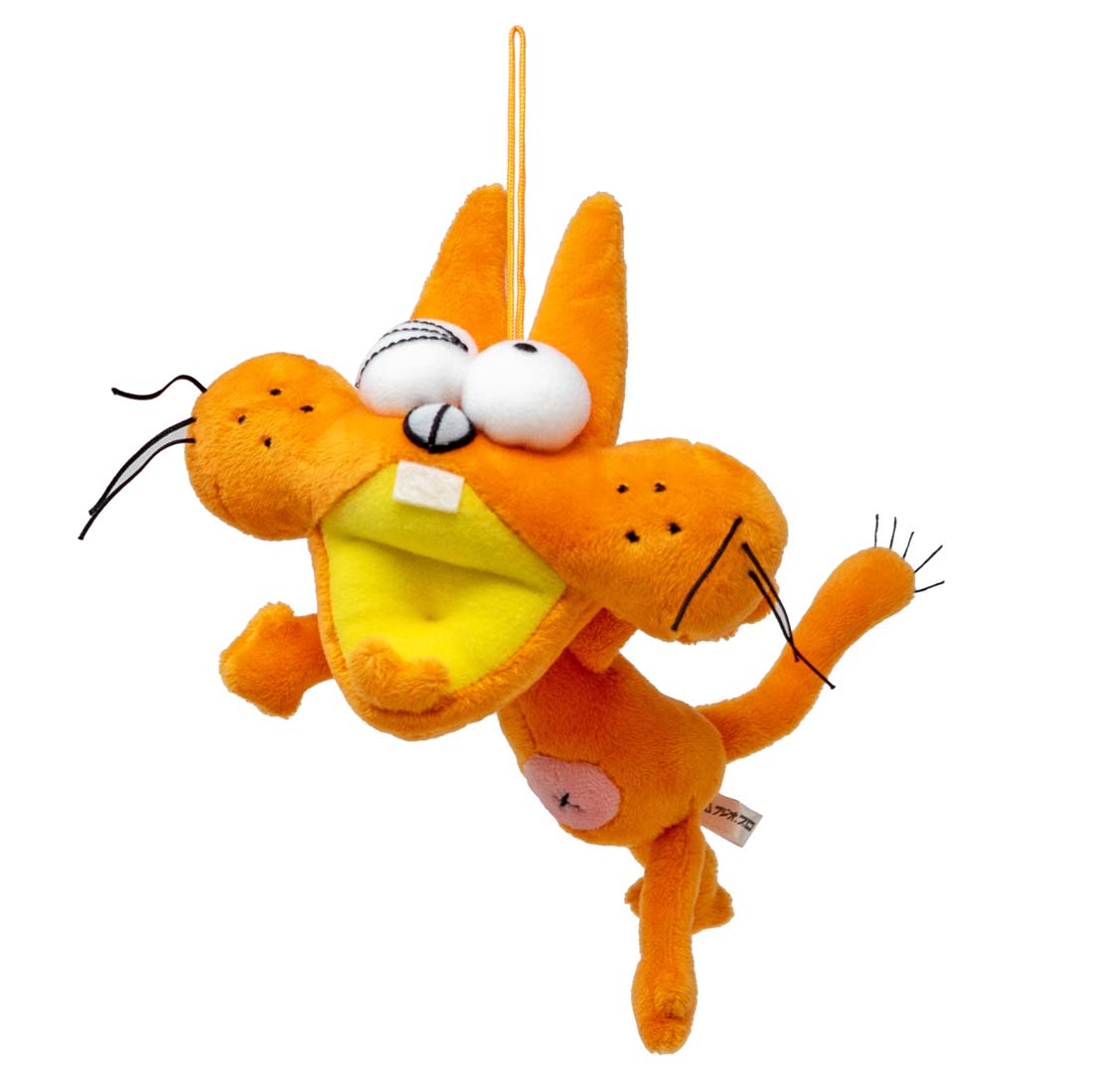 Plush toy of an orange cartoon character with a yellow belly on a white background
