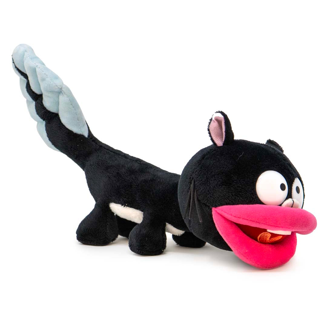 Plush toy of a cartoon cat with a long tongue on a white background