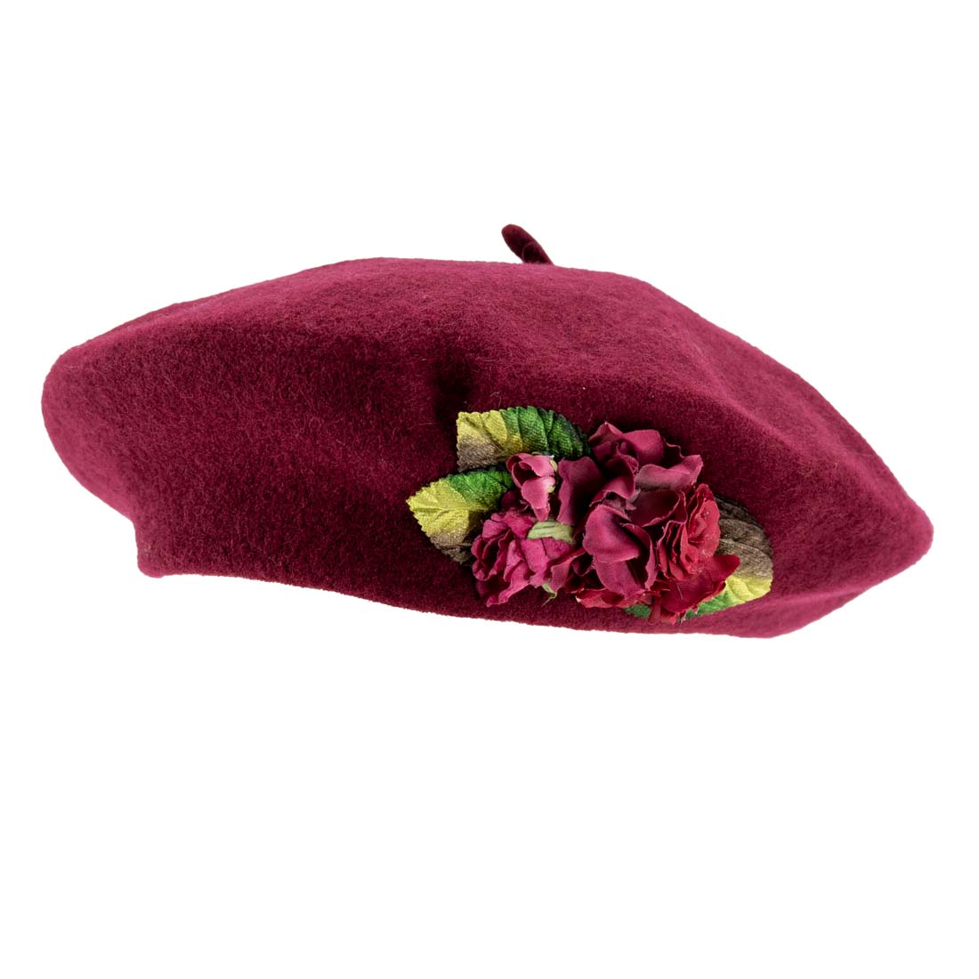 Red beret with floral decoration on a white background