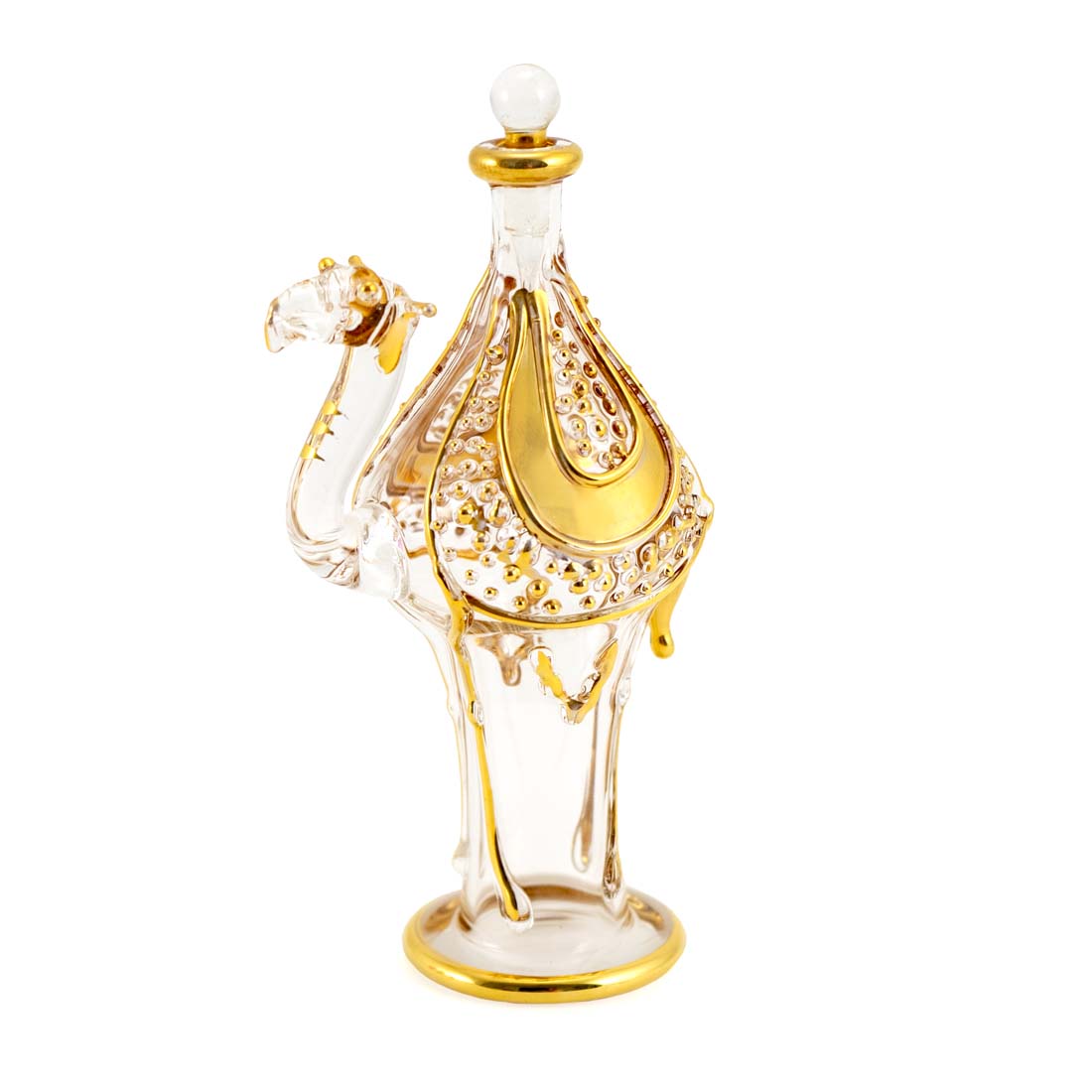 A gold camel-shaped glass perfume bottle with a clear glass stopper, featuring intricate patterns and designs.