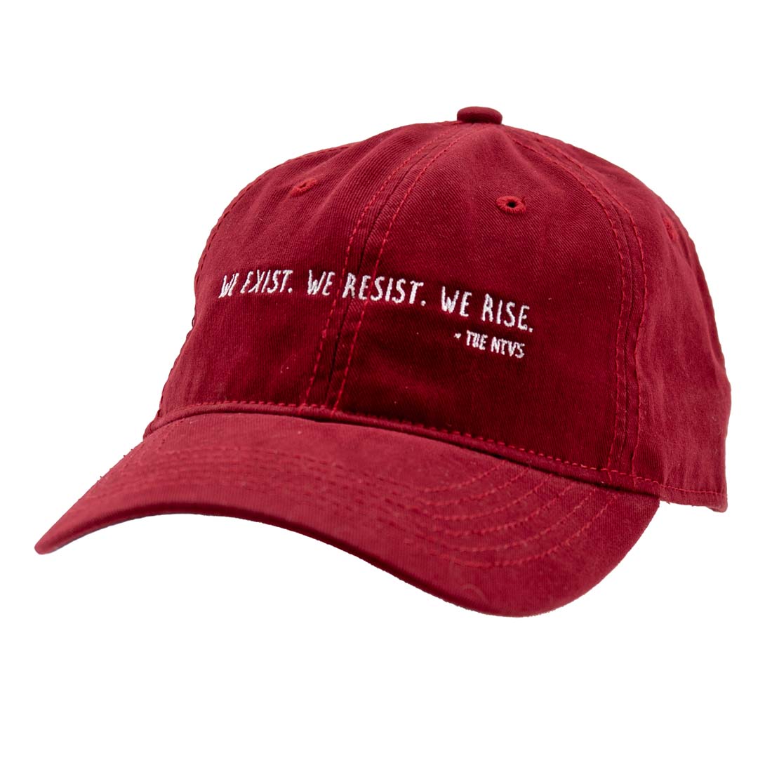 Red cap with white text We Exist. We Resist. We Rise. on a white background