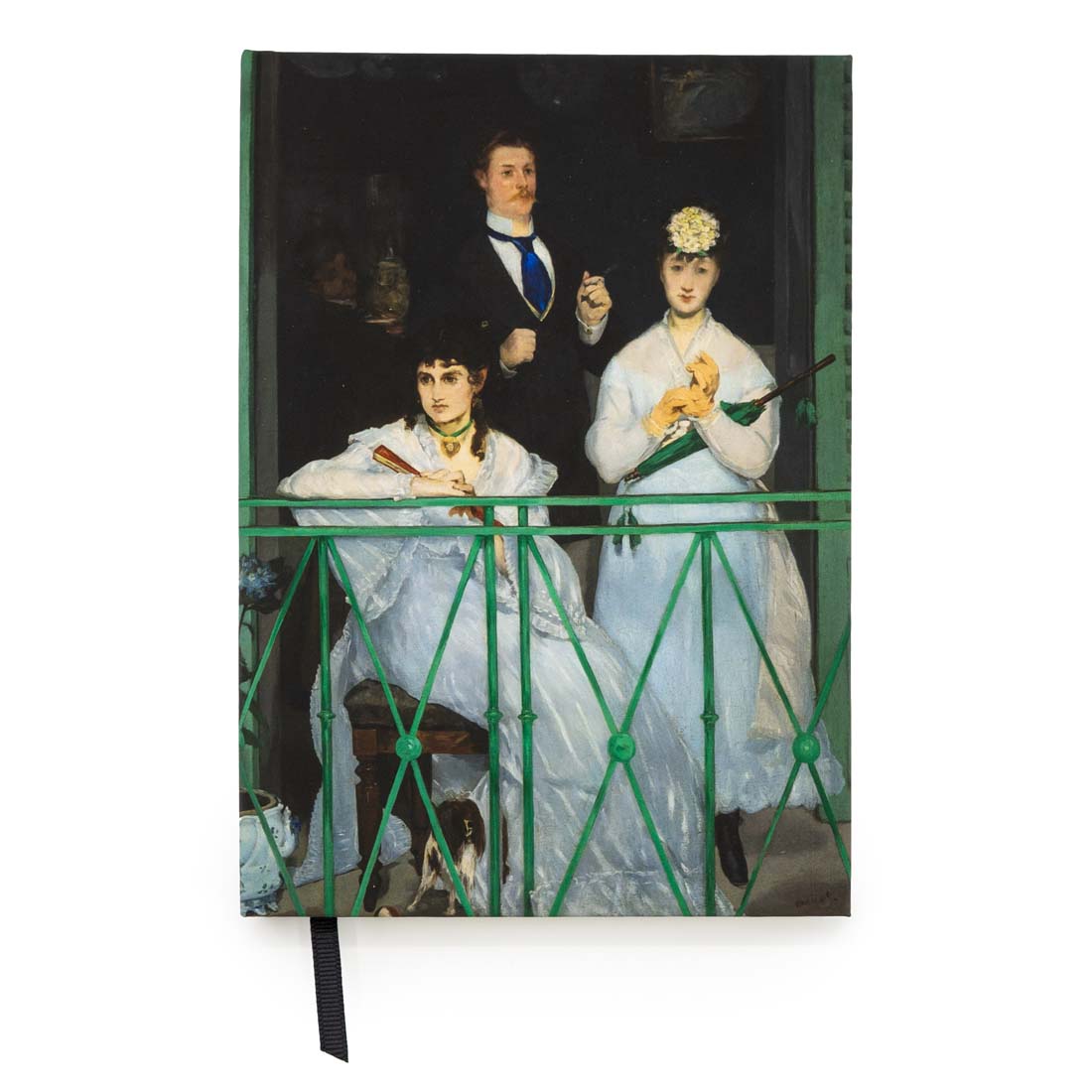 Notebook with a painting of three people on the cover, featuring a man and two women in formal attire.