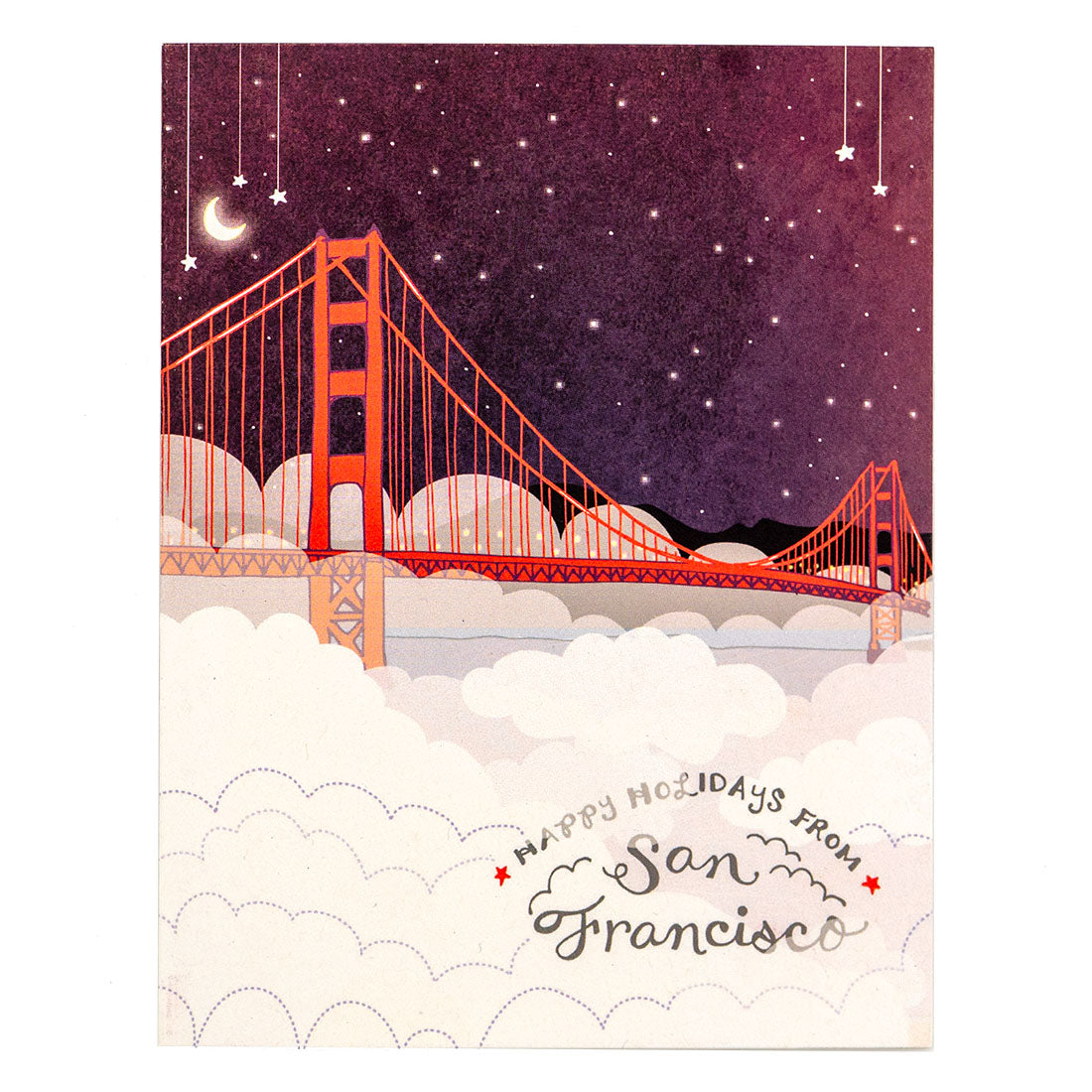 Illustration of the Golden Gate Bridge with 'Happy Holidays from San Francisco' text against a starry night sky.
