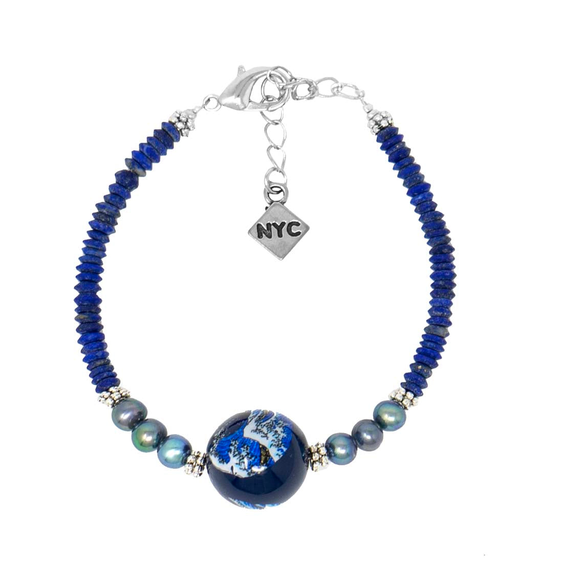 Navy Blue with Peacock Pearls Tensha Bead Bracelet