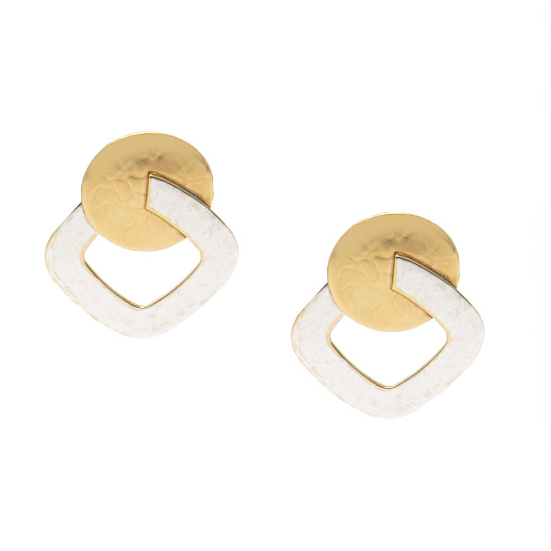 Brass Circle &amp; Silver Square Clip-On Earrings