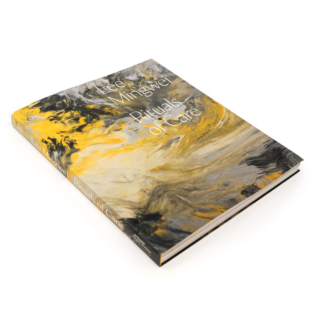 Cover of the book 'Lee Mingwei: Rituals of Care' featuring a abstract artwork with yellow, gray, and white tones.