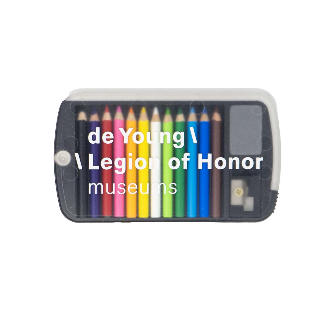A set of mini colored pencils in various colors, with a sharpener and eraser, housed in a black case with the text 'de Young · Legion of Honor museums' on the lid.