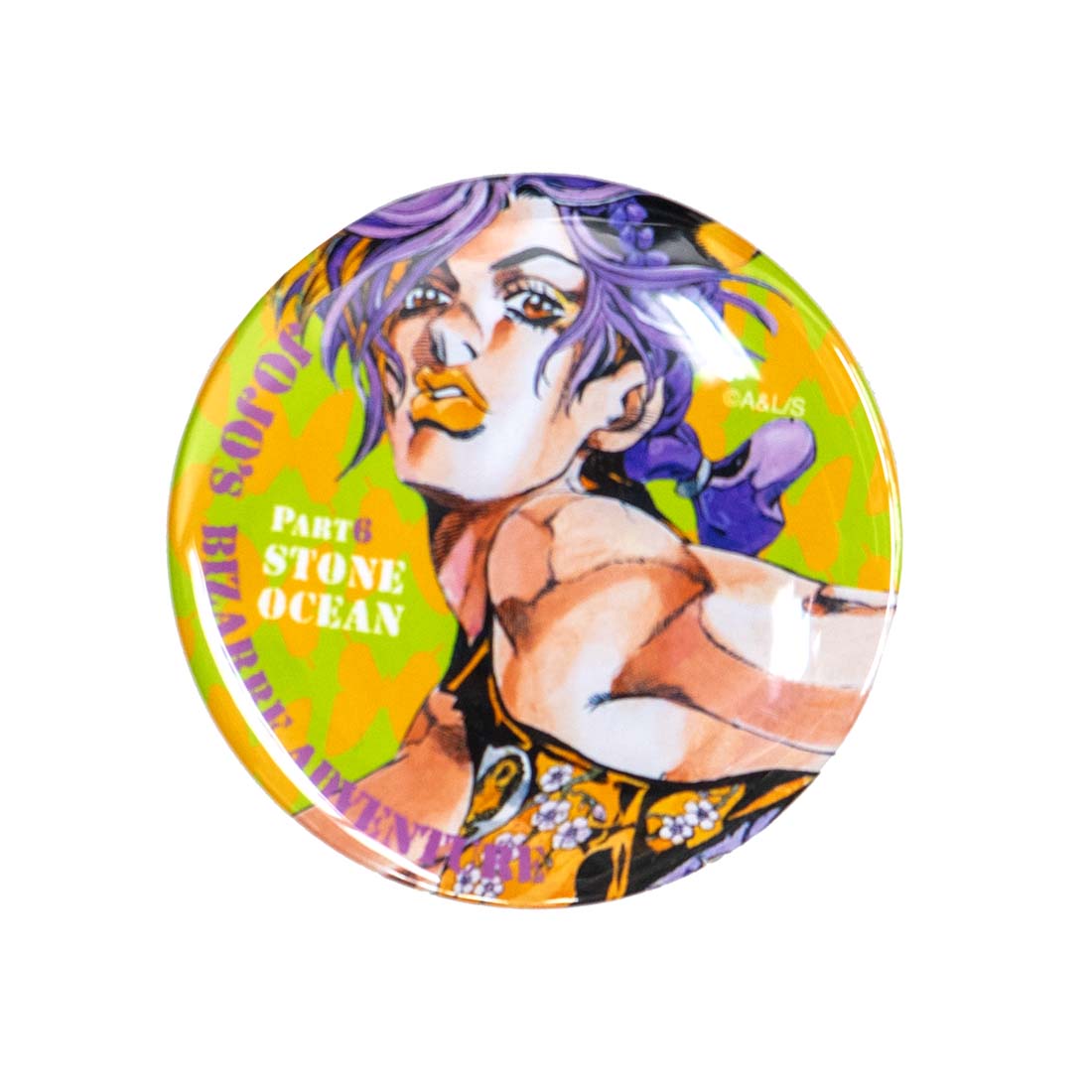 Circular product packaging with anime-style character on a white background