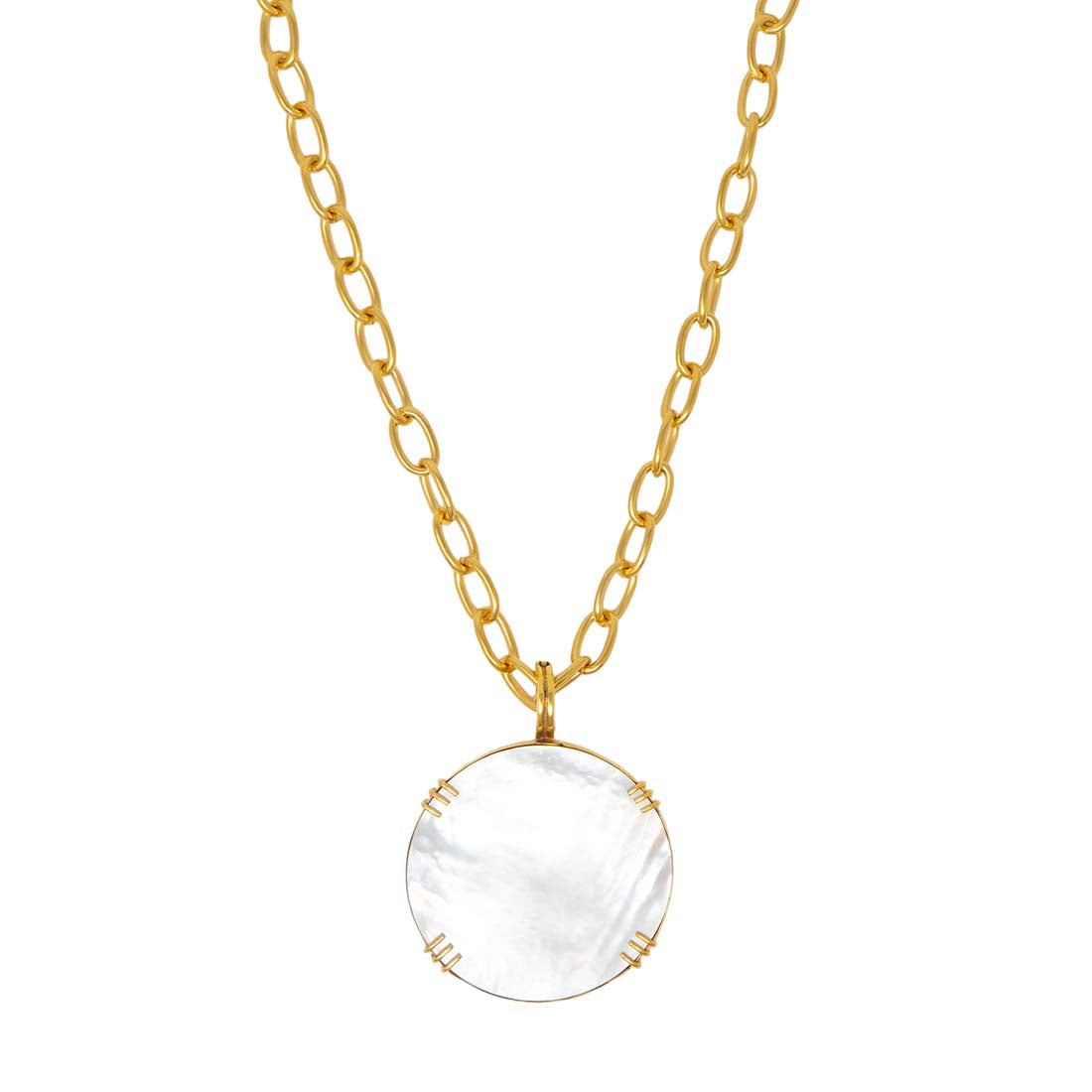 Gold chain necklace with a round, white pendant on a white background