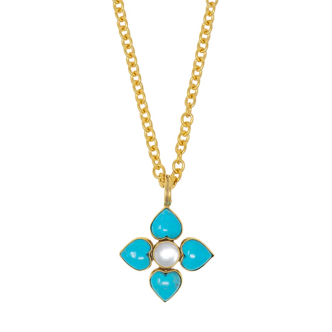 Gold necklace with a turquoise flower pendant on a white background